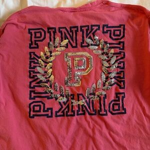 Victorias Secret PINK Campus Long Sleeve Bling Tee, Oversized, Sequined